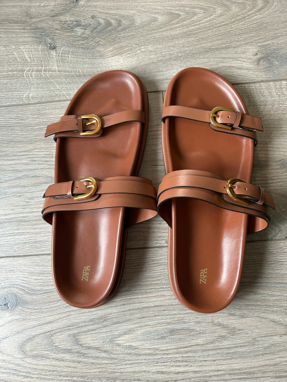 Zara Brown Double Strap Sandals / Slides with Gold Buckles Size 41 - Picture 2 of 8